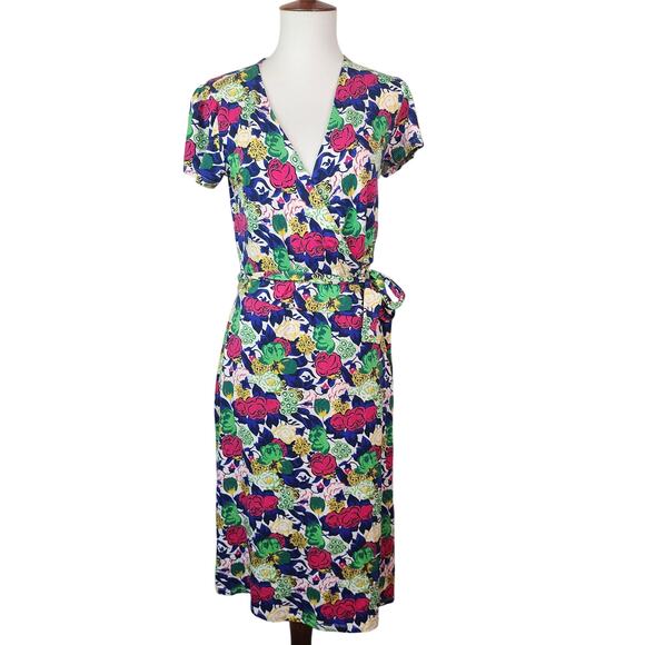 Boden Floral Wrap Dress Jersey Stretch Colorful Short Sleeve Size 6R - Picture 2 of 8